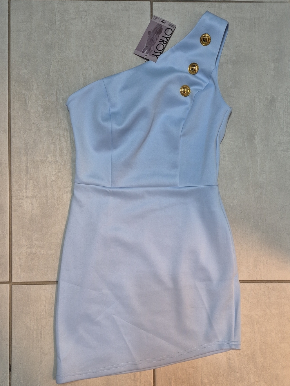 One-Shoulder Light Blue Dress with Gold Button Detail